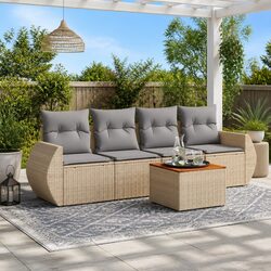 5 Piece Outdoor Garden Sofa Set with Cushions Beige Poly Rattan Patio Furniture