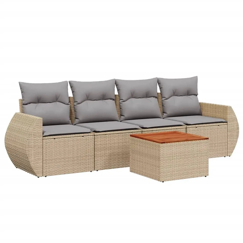 5 Piece Outdoor Garden Sofa Set with Cushions Beige Poly Rattan Patio Furniture