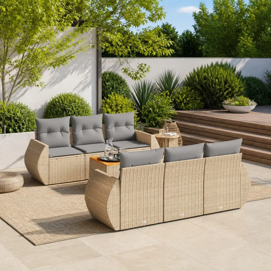 7 Piece Outdoor Garden Sofa Set Beige Poly Rattan Patio Furniture