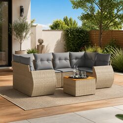 7 Piece Outdoor Garden Sofa Set Beige Cushions Patio Furniture Poly Rattan