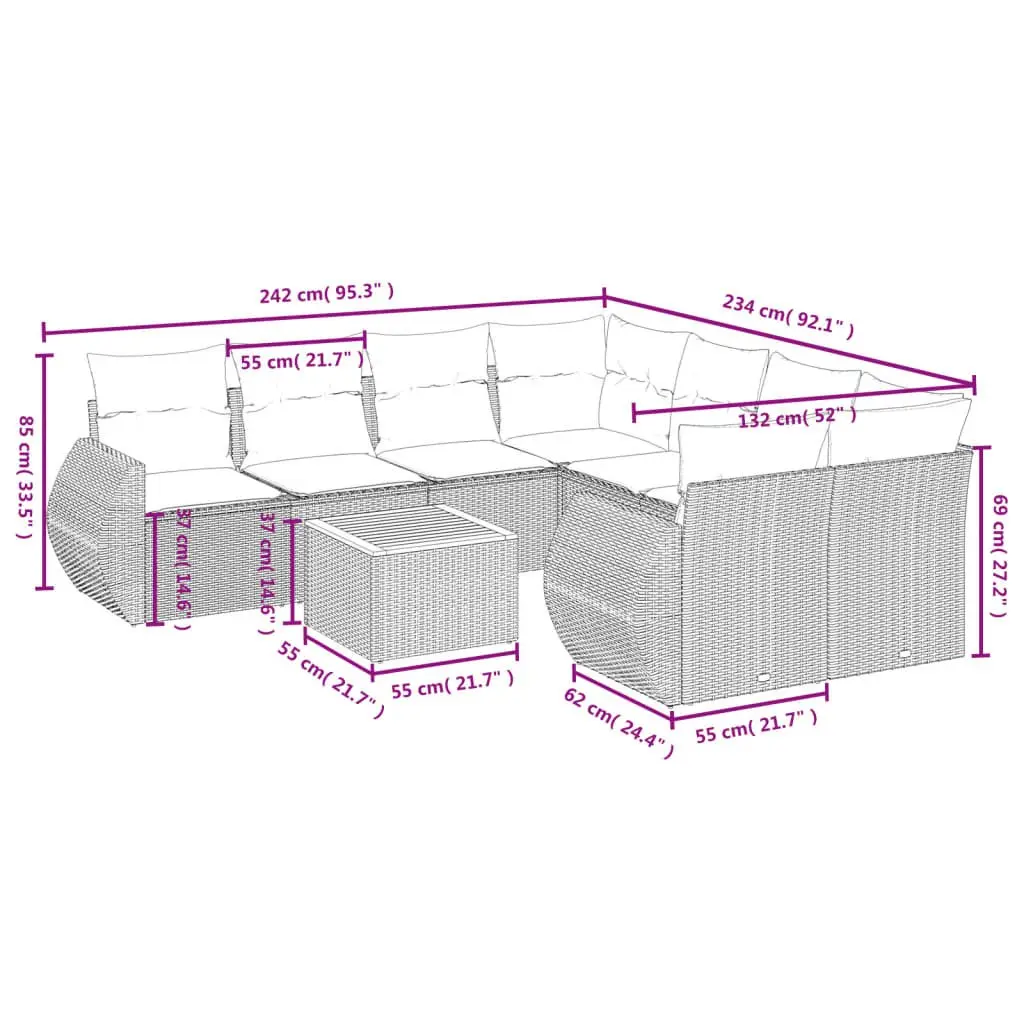 Garden Sofa Set 9 Piece Outdoor Furniture Grey Poly Rattan Modular Patio Seating