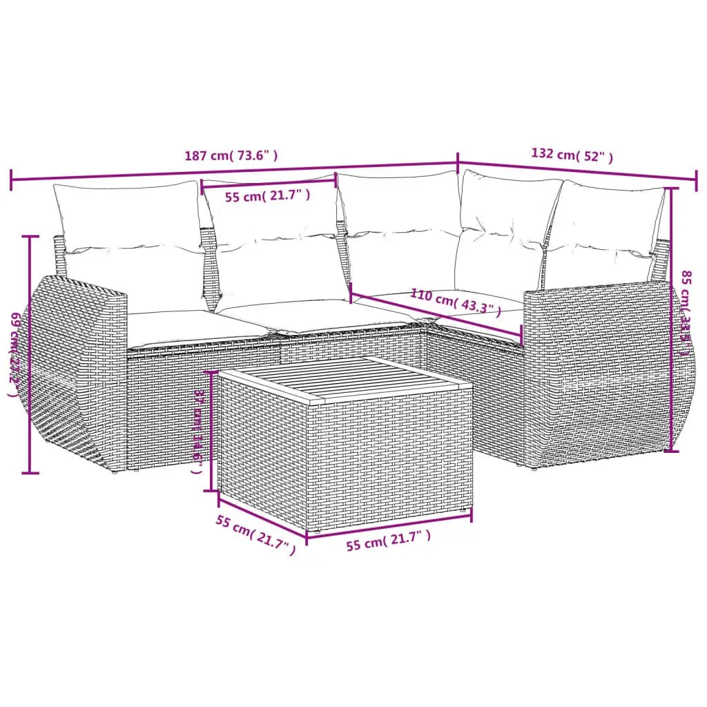 5 Piece Garden Sofa Set Outdoor Patio Furniture Cushions Beige Rattan