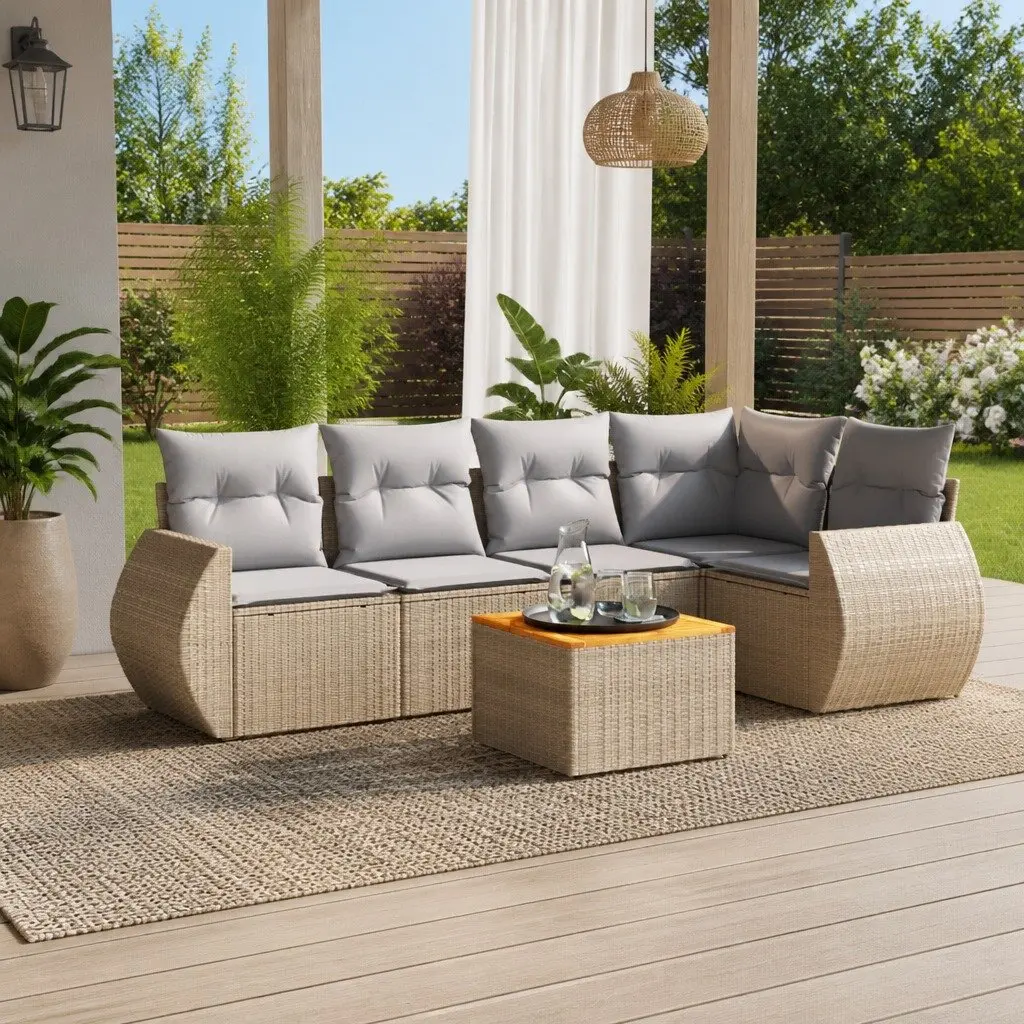 Outdoor Garden Sofa Set 6 Piece Beige Poly Rattan Patio Furniture