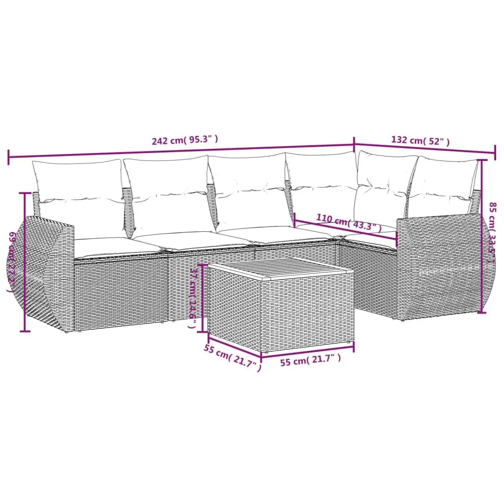 Garden Sofa Set Outdoor Furniture 6 Piece Grey Poly Rattan Cushions