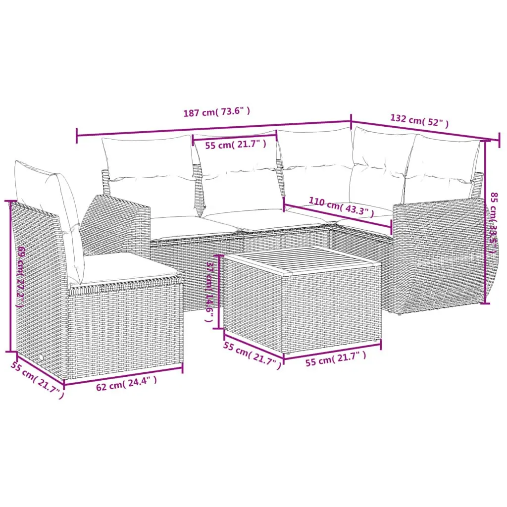 Outdoor Garden Sofa Set 6 Piece Patio Furniture Cushions Beige Rattan