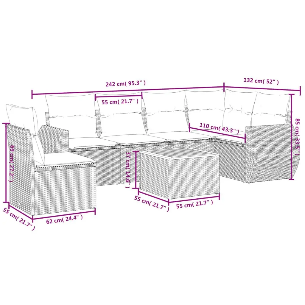 7 Piece Outdoor Garden Sofa Set Beige Patio Furniture with Cushions Table