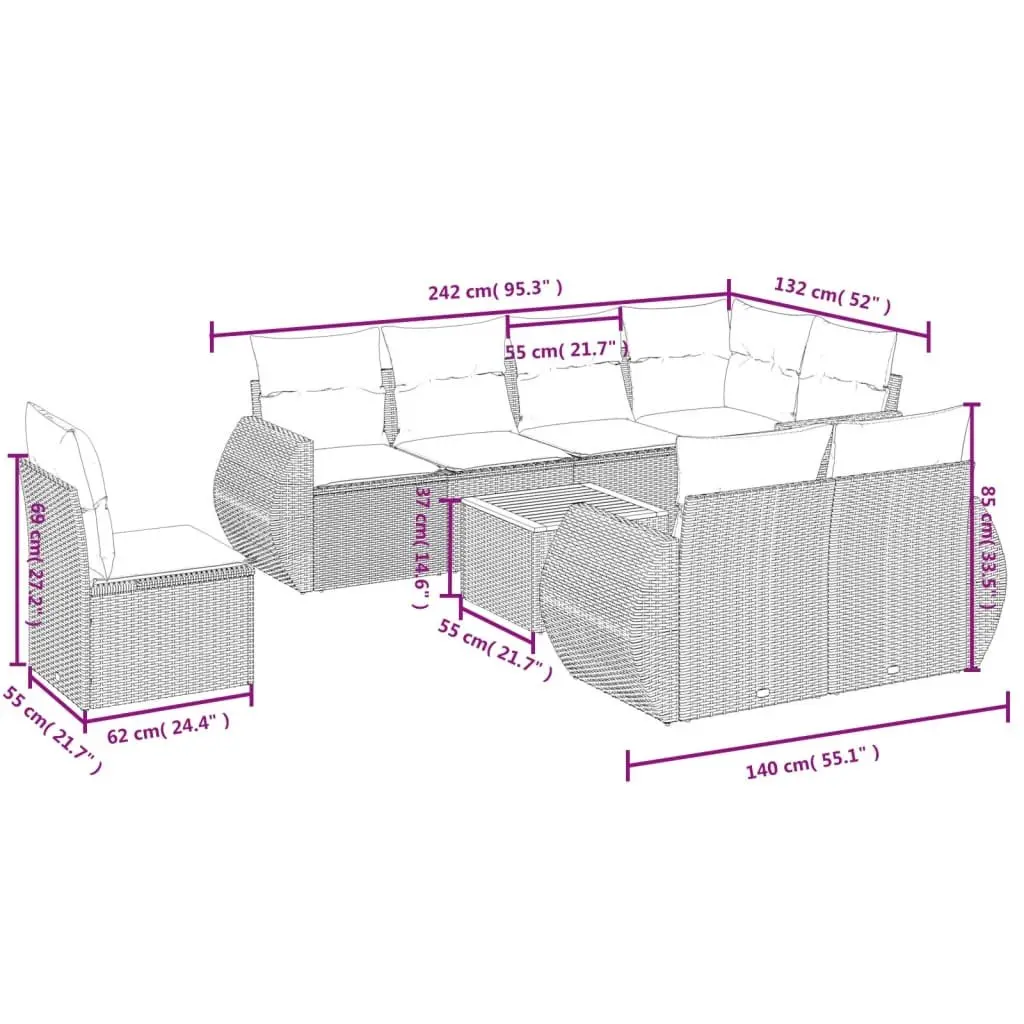 Garden Sofa Set 9 Piece Outdoor Furniture Modular Seating Grey Poly Rattan