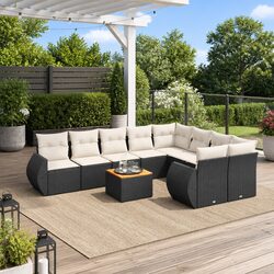 Outdoor 10 Piece Sofa Set in Black Poly Rattan with Cushions