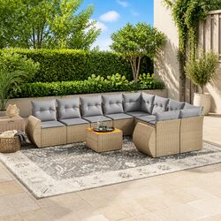 Outdoor Garden Sofa Set 10 Piece Beige Poly Rattan Patio Furniture with Cushions