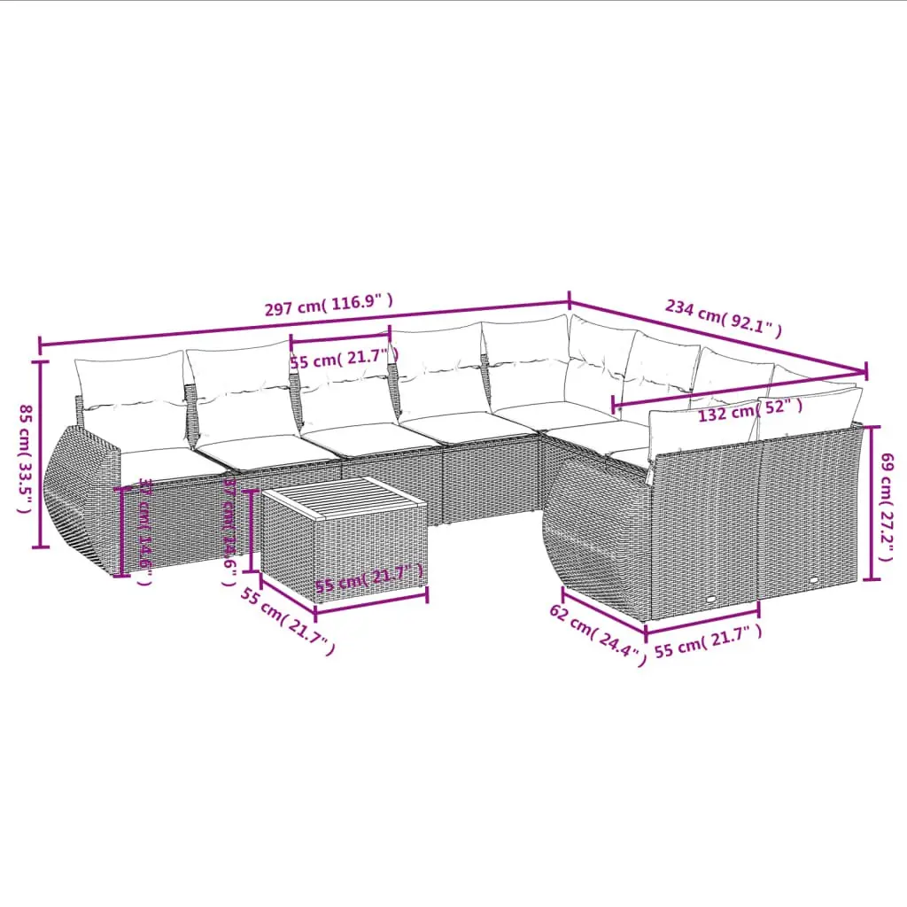 Garden Sofa Set 10 Piece Outdoor Furniture Grey Modular PE Rattan with Acacia Wood Table Top