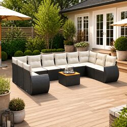 Outdoor Garden Sofa Set 11 Piece Patio Furniture Black Poly Rattan with Cushions
