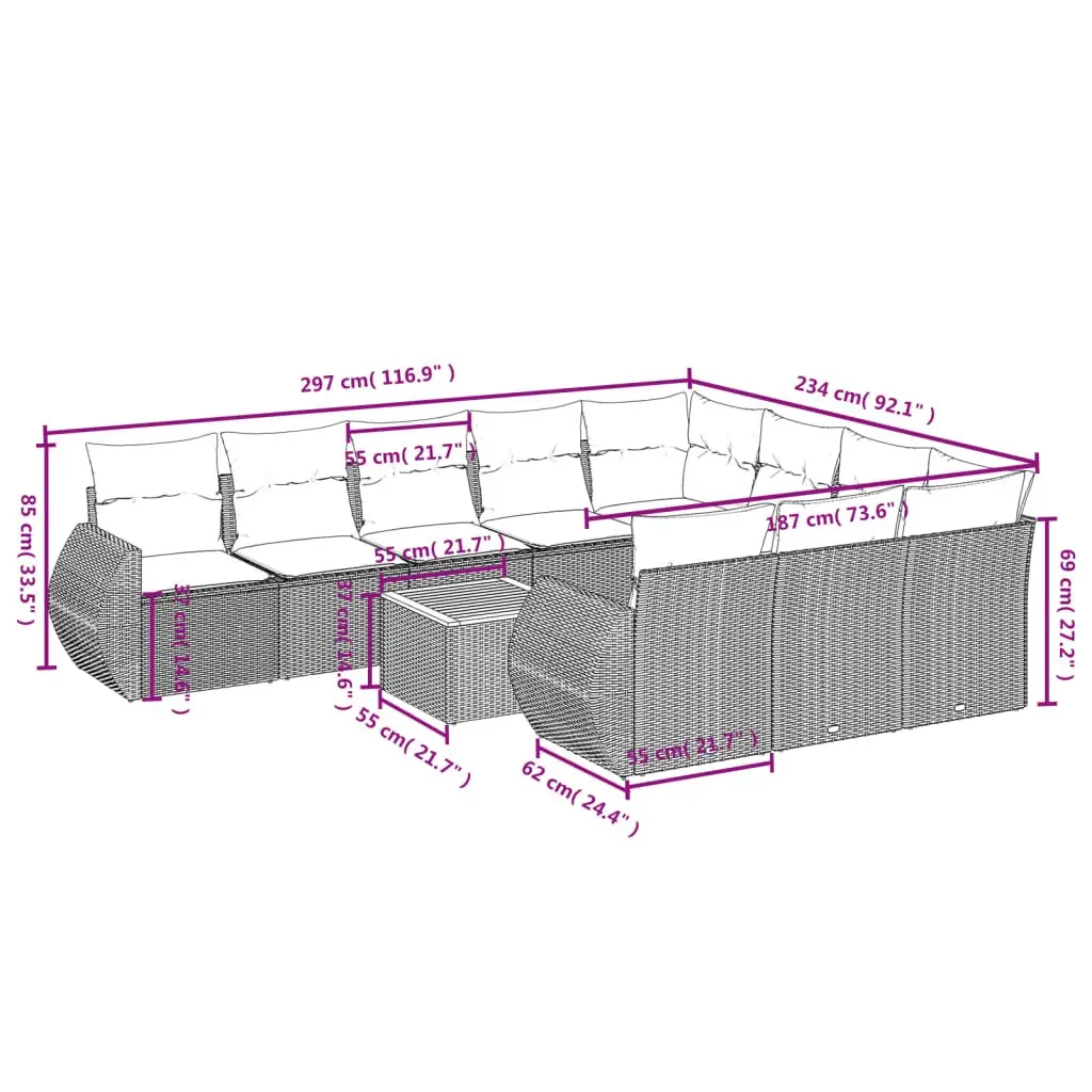 11 Piece Garden Sofa Set with Cushions in Grey