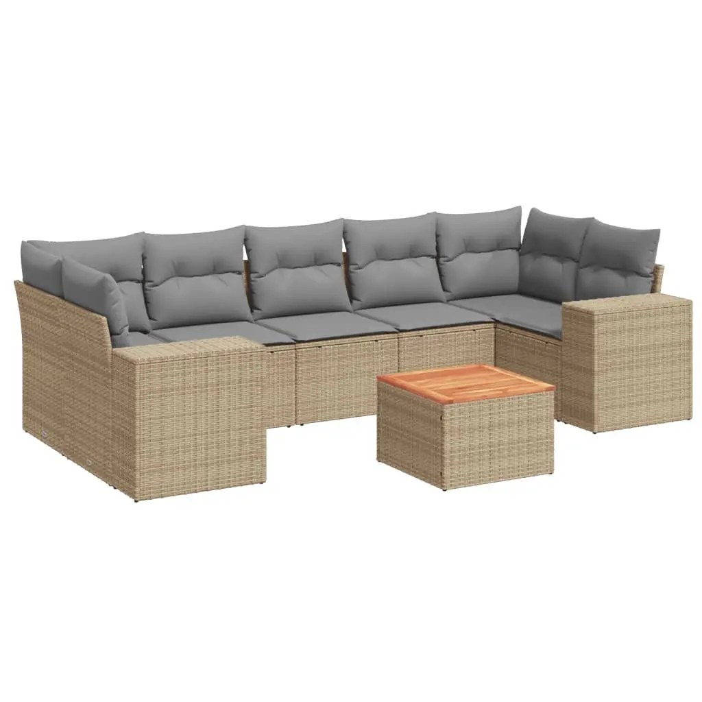 8 Piece Outdoor Garden Sofa Set Beige Poly Rattan Patio Furniture with Cushions
