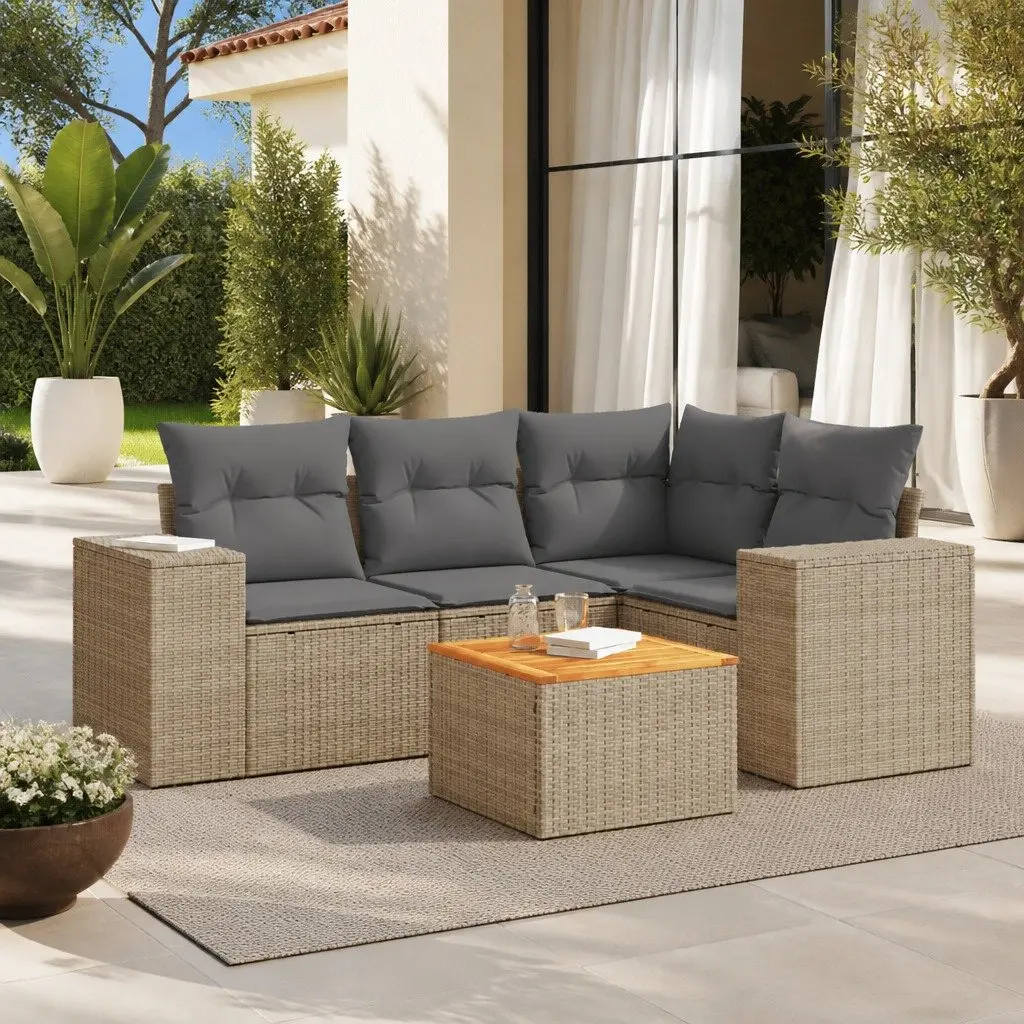 Garden Sofa Set 5 Piece Outdoor Furniture with Cushions Beige Poly Rattan Patio