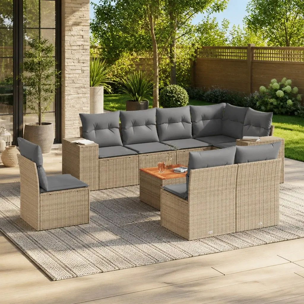 Outdoor Garden Sofa Set 9 Piece Poly Rattan Patio Furniture with Cushions Beige