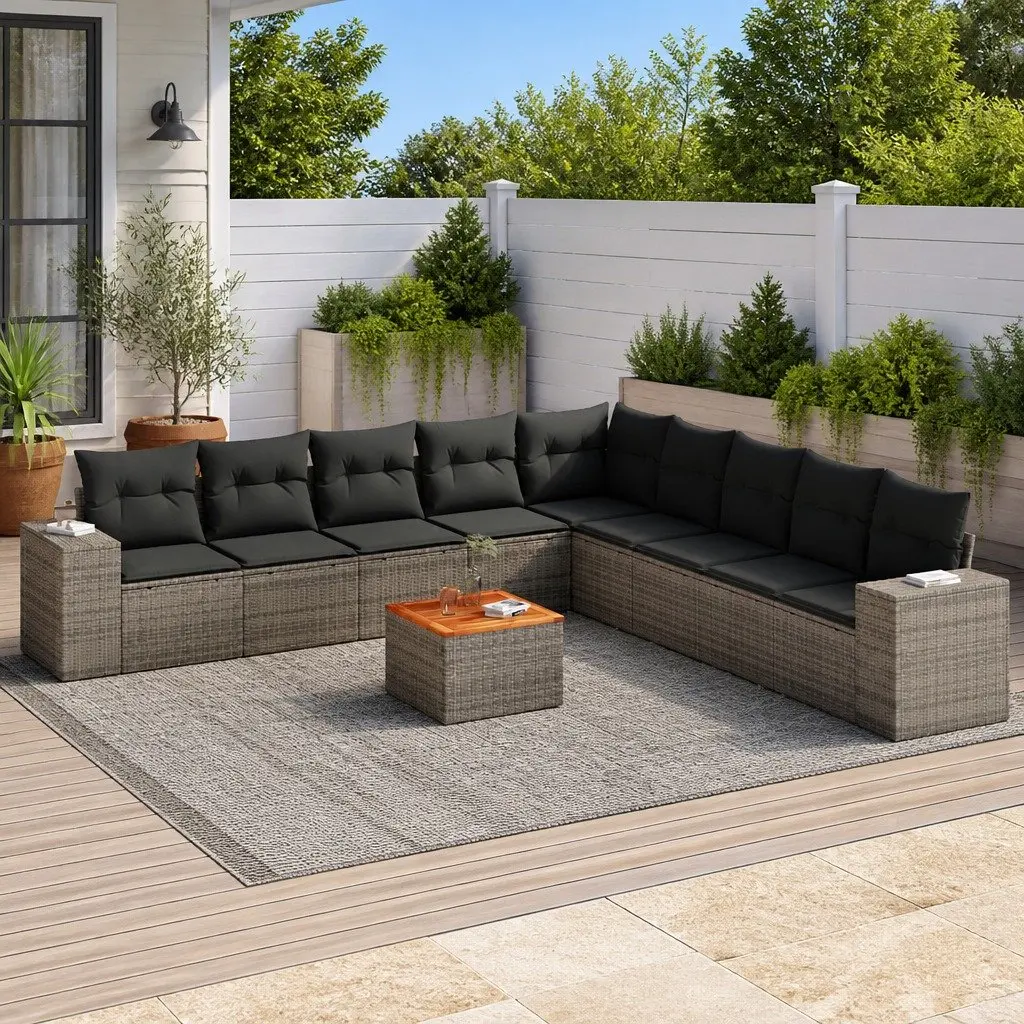10 Piece Outdoor Garden Sofa Set with Cushions Grey Poly Rattan Patio Furniture