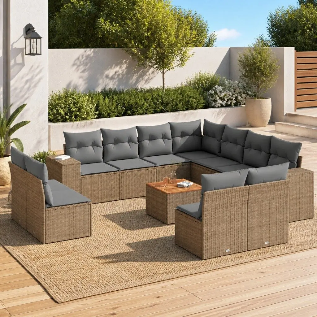 Garden Sofa Set 12 Piece Outdoor Patio Furniture Beige Poly Rattan with Cushions