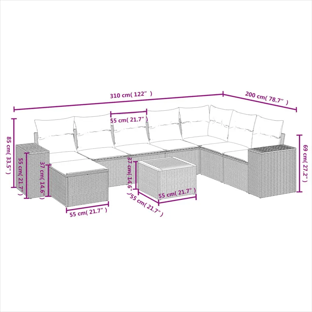 Garden Sofa Set 9 Piece Outdoor Furniture Patio Sectional Grey Poly Rattan