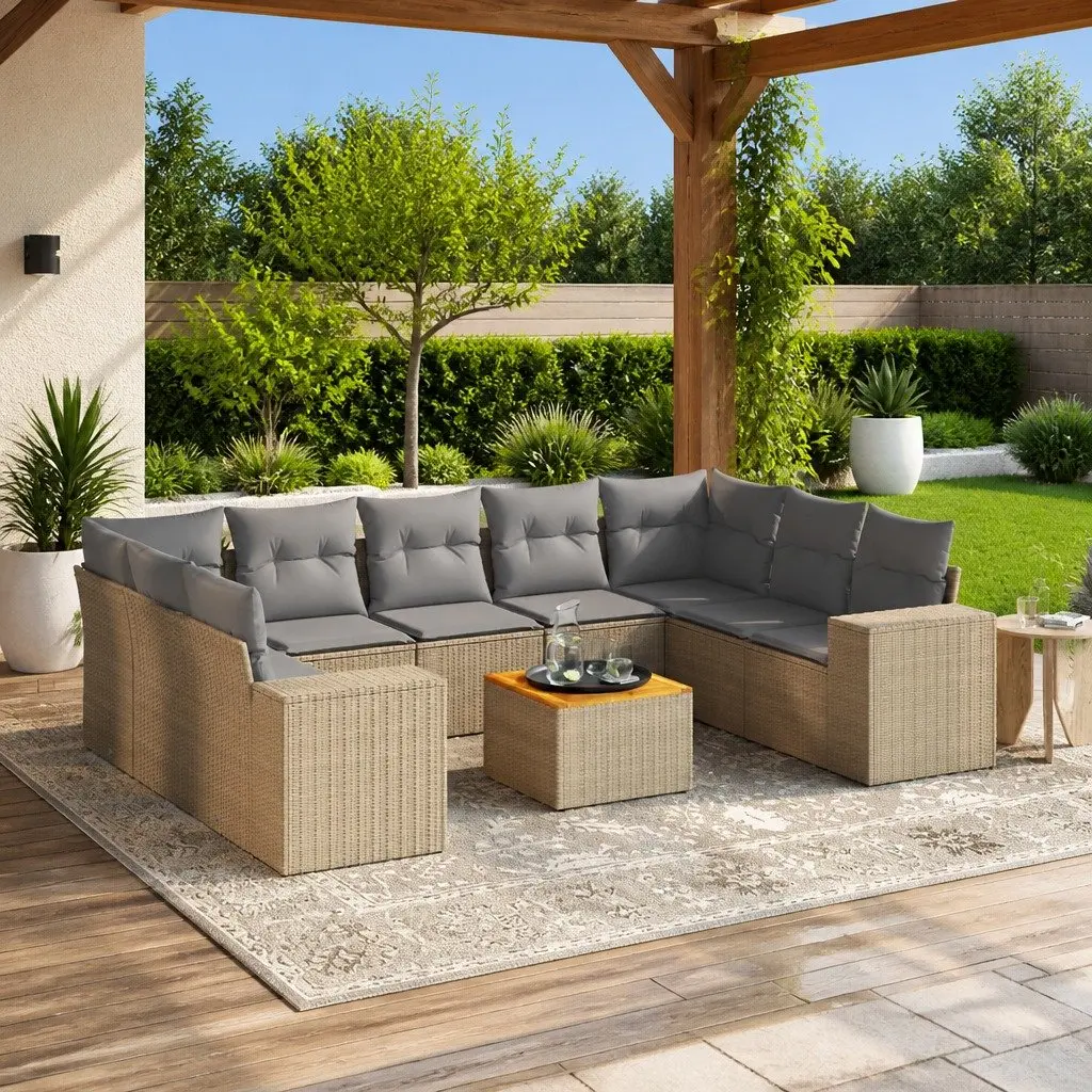 Outdoor Patio Furniture Sofa Set 10 Piece Modular Beige Poly Rattan with Cushions
