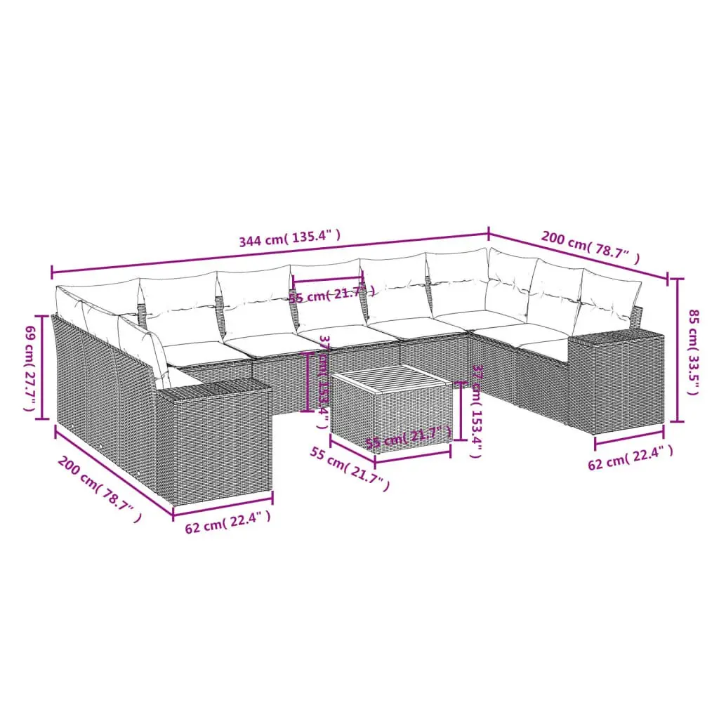 Garden Sofa Set 11 Piece Outdoor Furniture Grey Patio Seating with Cushions