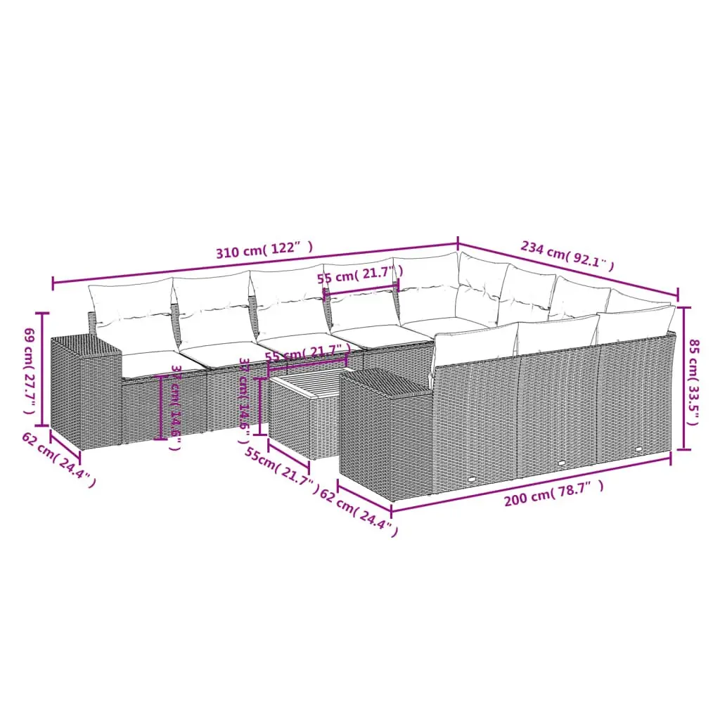 Garden Sofa Set 11 Piece Outdoor Furniture Grey Cushioned Patio Seating