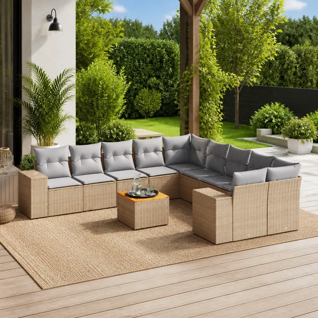 Garden Sofa Set 11 Piece Outdoor Furniture Modular Lounge Beige Cushioned