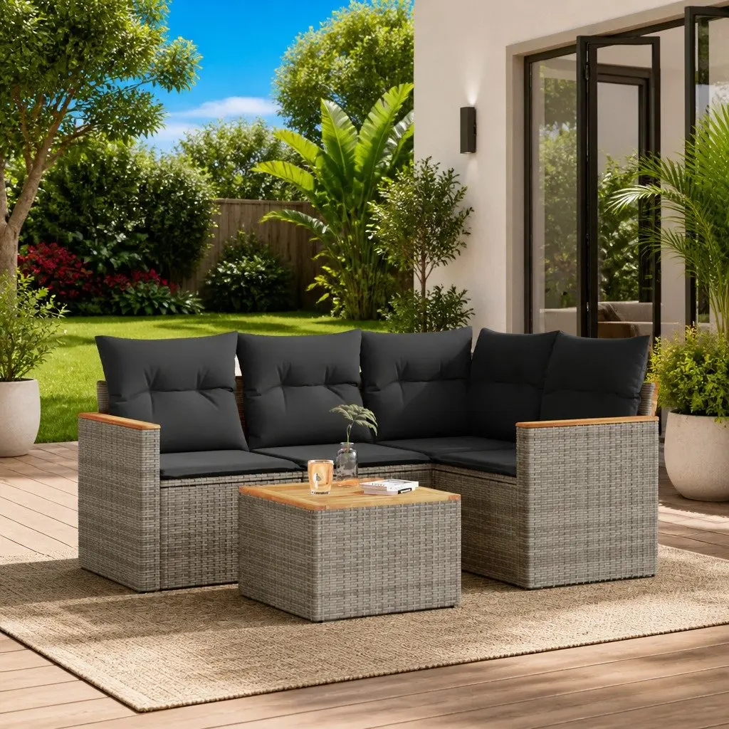 Garden Sofa Set 5 Piece Grey Poly Rattan Outdoor Furniture with Cushions