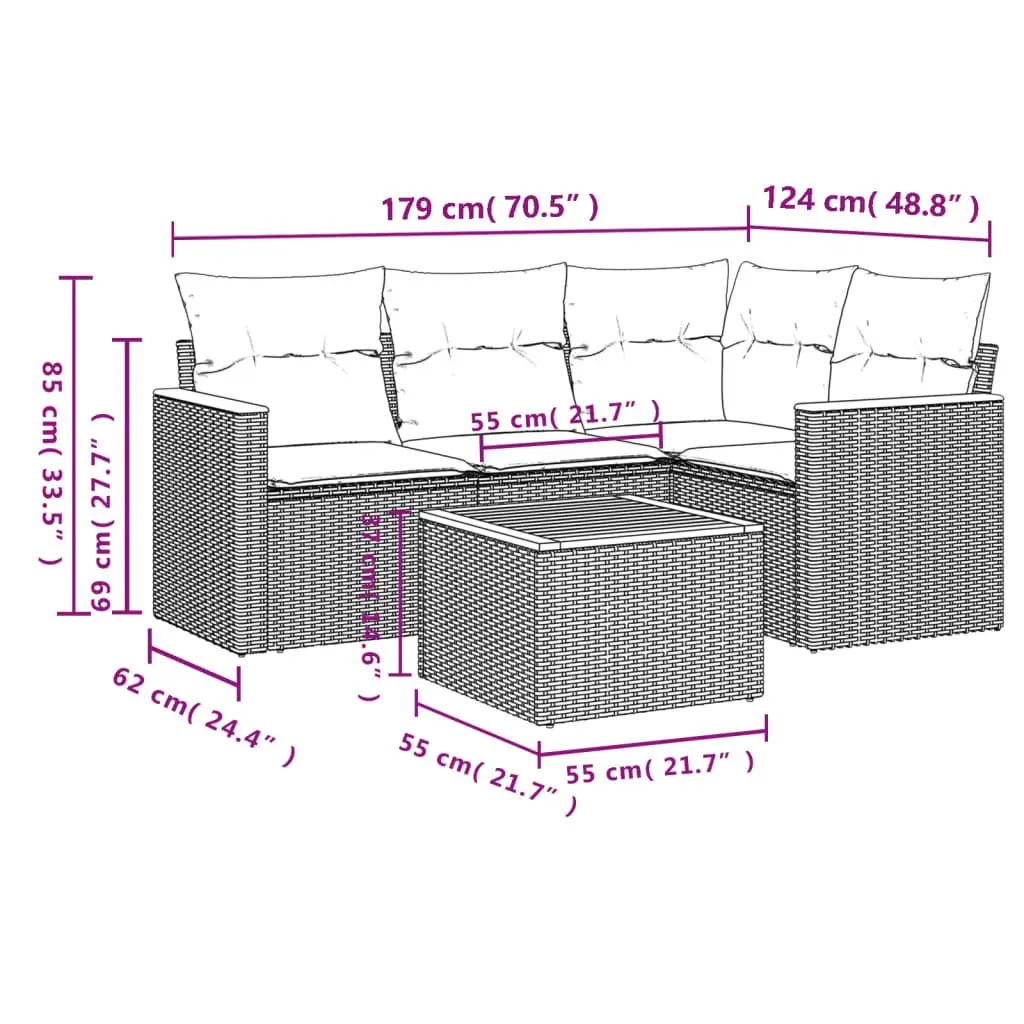 Garden Sofa Set 5 Piece Grey Poly Rattan Outdoor Furniture with Cushions