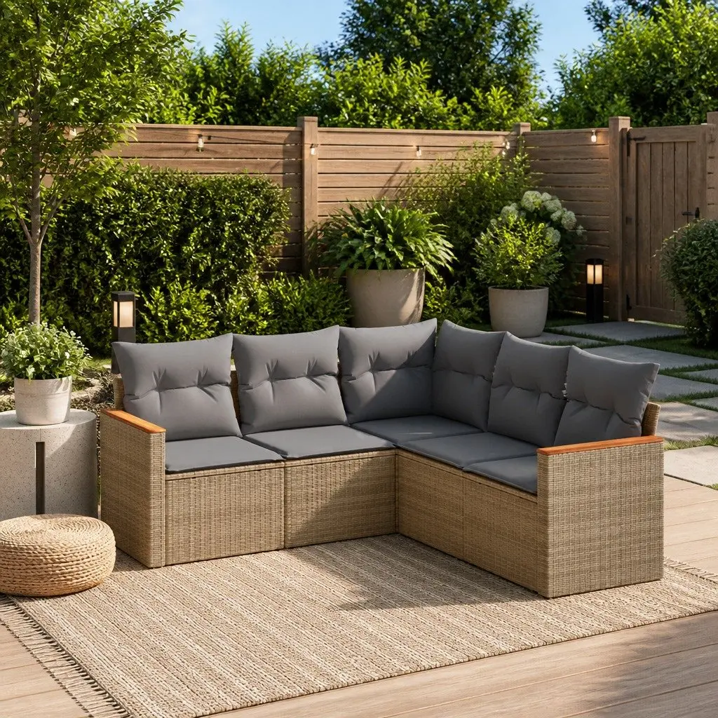 5 Piece Garden Sofa Set Beige Modular Outdoor Patio Furniture Poly Rattan