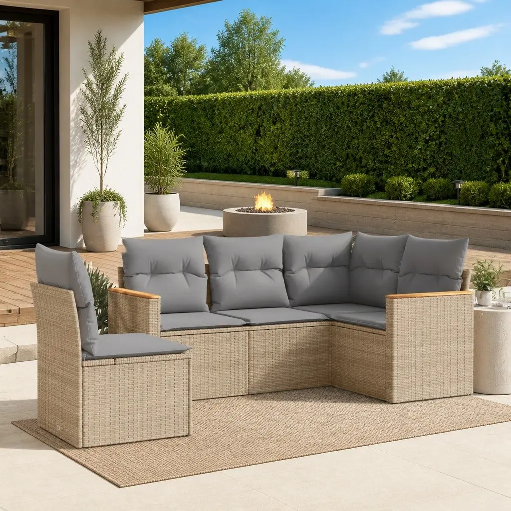 Garden Sofa Set 5 Piece Outdoor Patio Furniture Beige Poly Rattan with Cushions