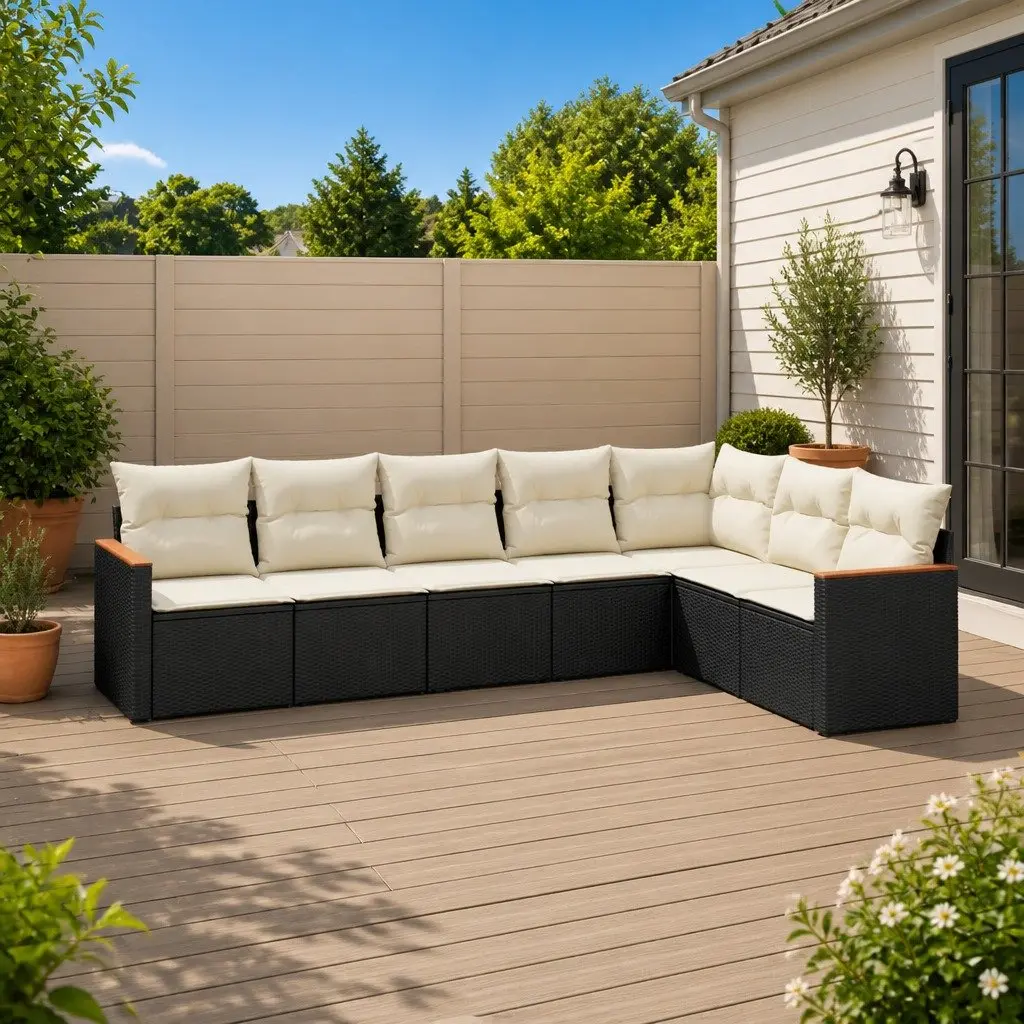 Outdoor Garden Sofa Set 7 Piece Black Poly Rattan Furniture with Cushions