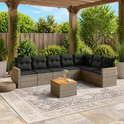 8-Piece Garden Sofa Set - Grey Rattan with Acacia Tabletop
