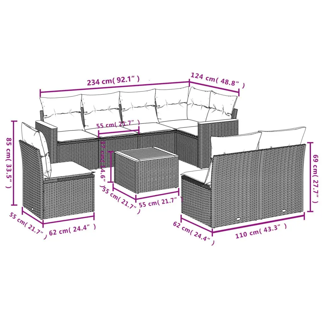 Garden Sofa Set 9 Piece Outdoor Furniture Patio Beige Poly Rattan Cushions
