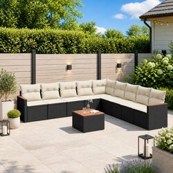 Comfortable 10 Piece Black Garden Sofa Set with Cushions