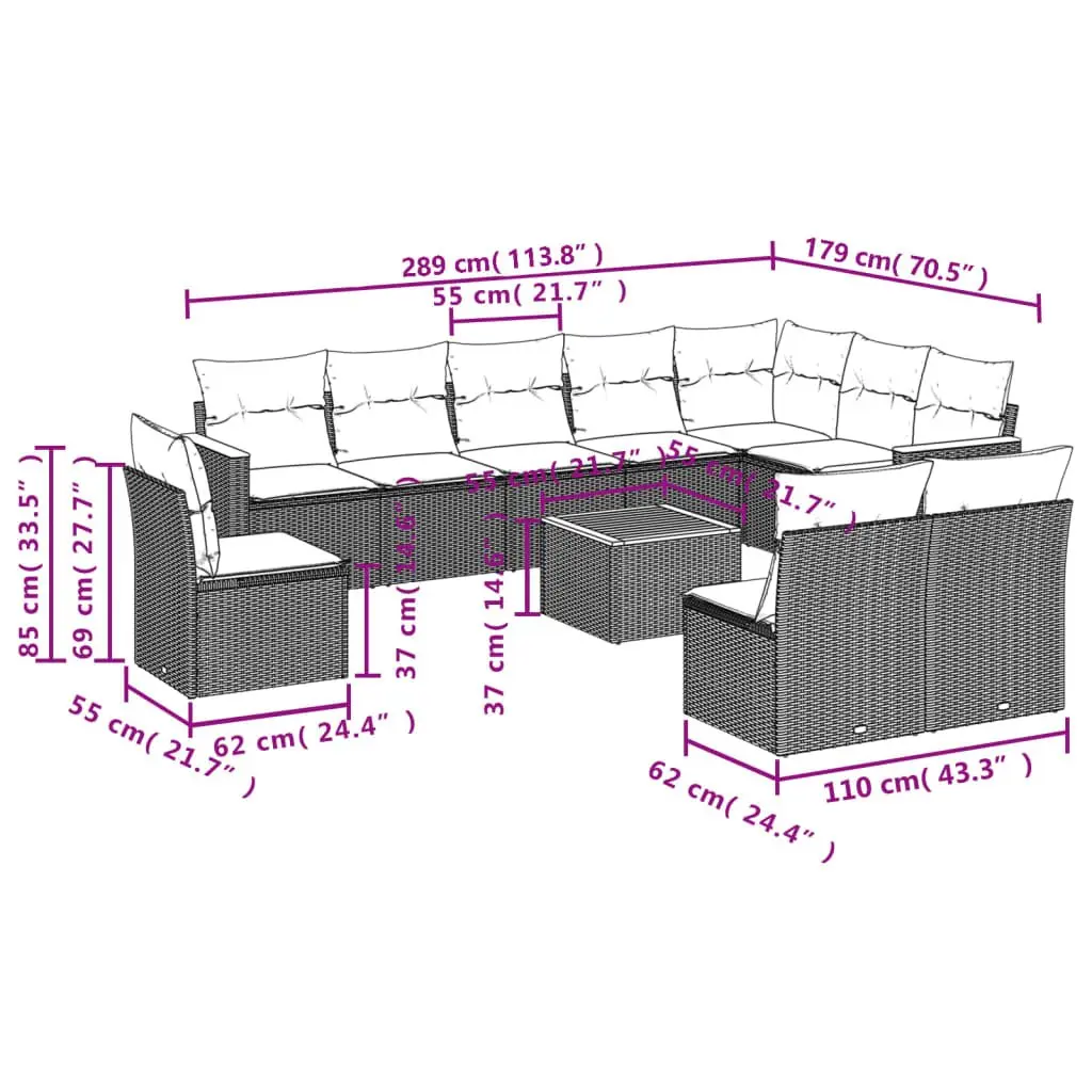 Garden Sofa Set Modular Outdoor Furniture 11 Piece Grey Patio Seating with Cushions