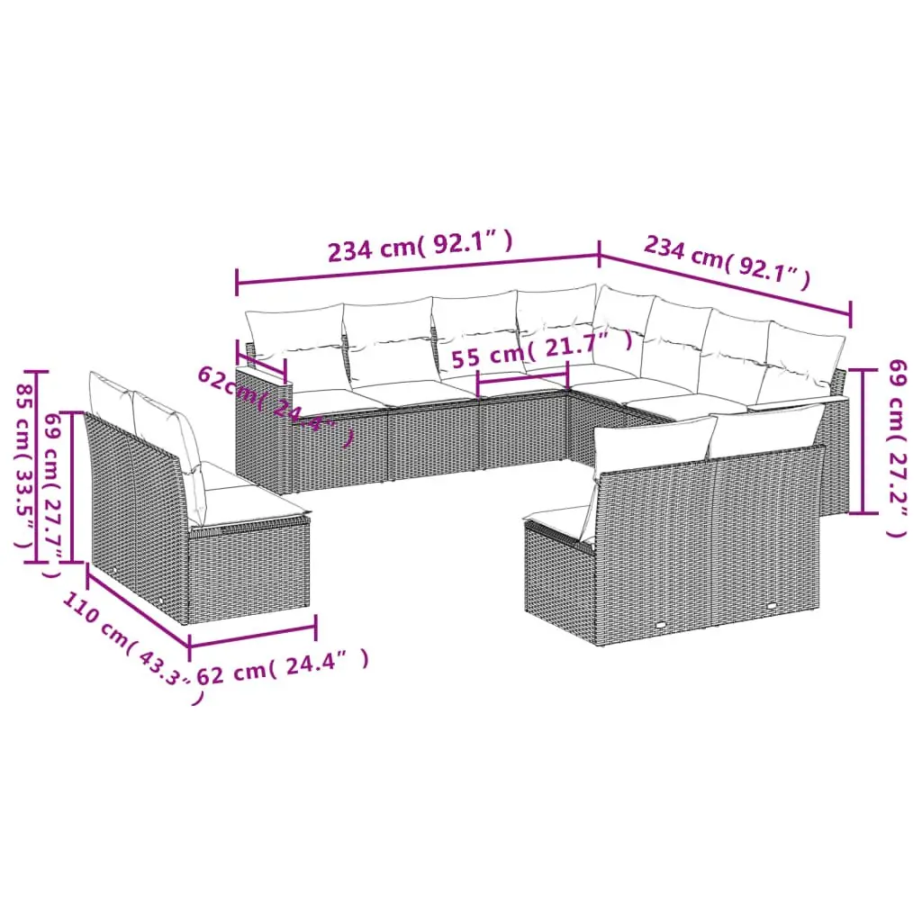 Garden Sofa Set 11 Pieces Outdoor Modular Seating Black PE Rattan