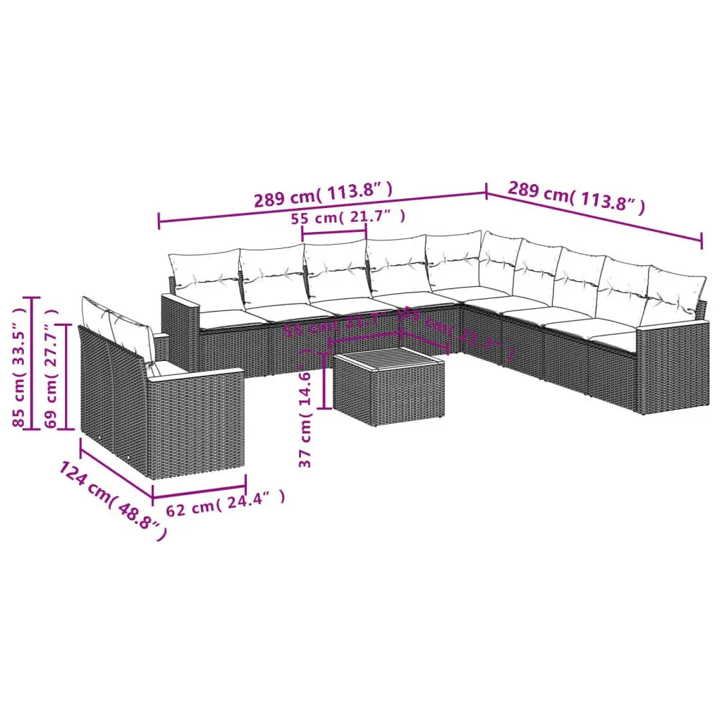Modular Outdoor Furniture Set 12 Piece Grey Poly Rattan Garden Sofa for Patio