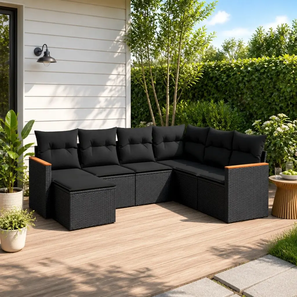 Garden Sofa Set 7 Piece Outdoor Patio Furniture Cushions Black Rattan