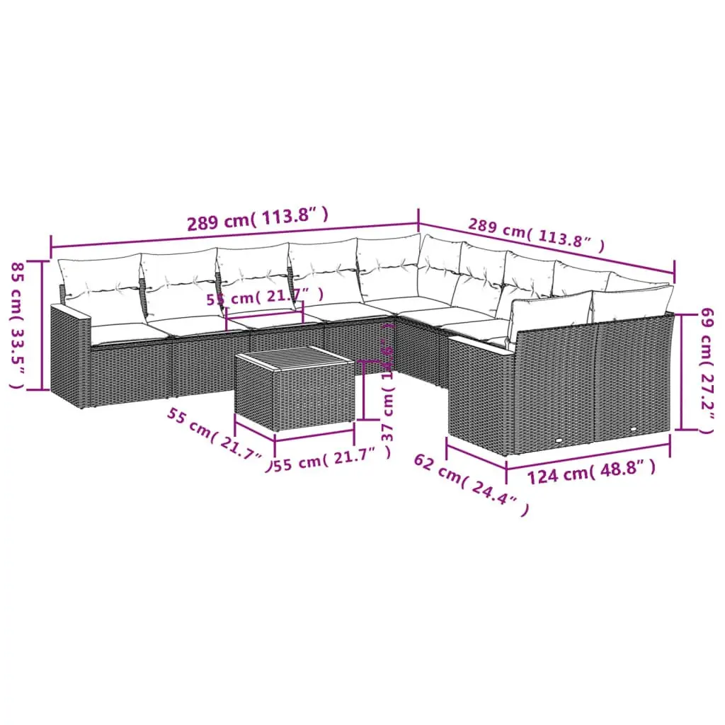 11 Piece Outdoor Garden Sofa Set Cushions Grey Poly Rattan