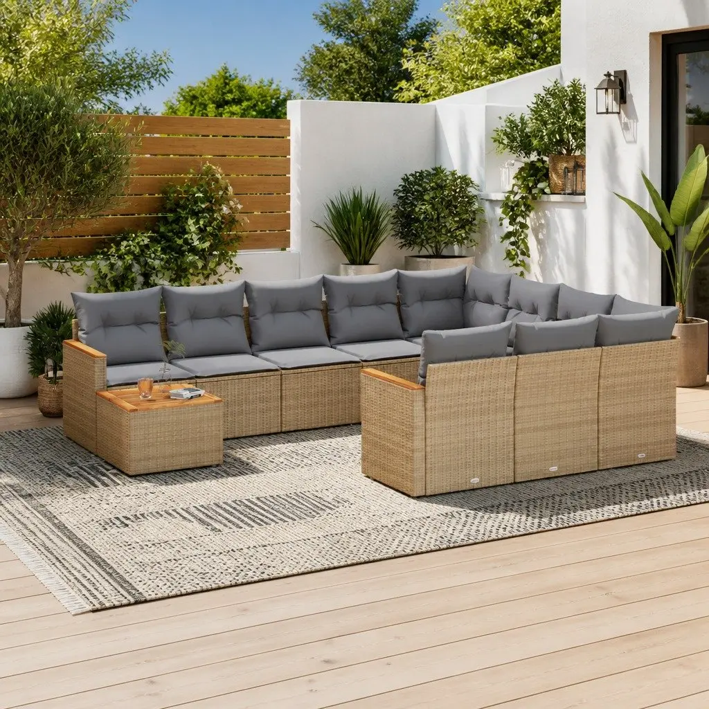 Garden Sofa Set 11 Piece Outdoor Furniture Modular Beige Poly Rattan