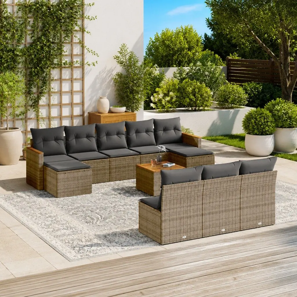 Garden Sofa Set 11 Piece Outdoor Patio Furniture Modular Grey PE Rattan Acacia Wood