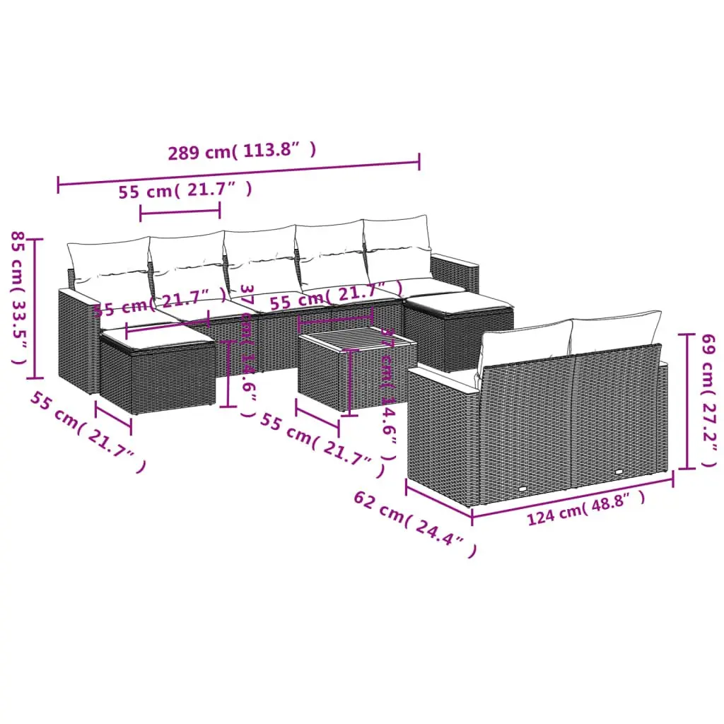 Outdoor Furniture Sofa Set 10 Piece Grey Poly Rattan Patio Seating for Backyard and Terrace