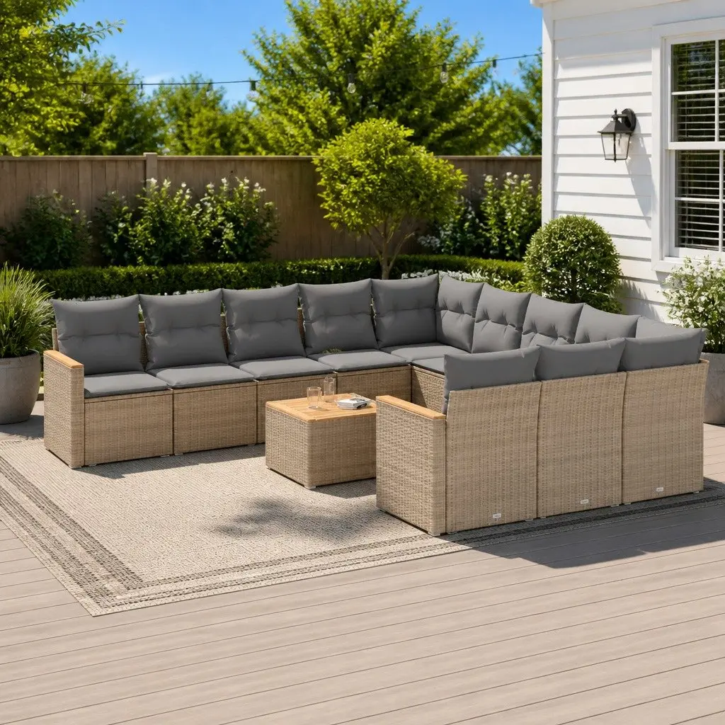 Garden Sofa Set Modular Outdoor Furniture 12 Piece Beige Poly Rattan