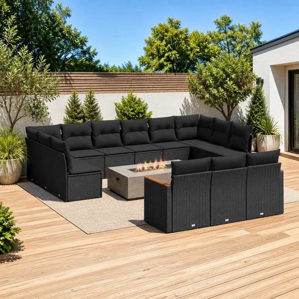 Garden Sofa Set 13 Piece Modular Black Poly Rattan Patio Furniture with Cushions