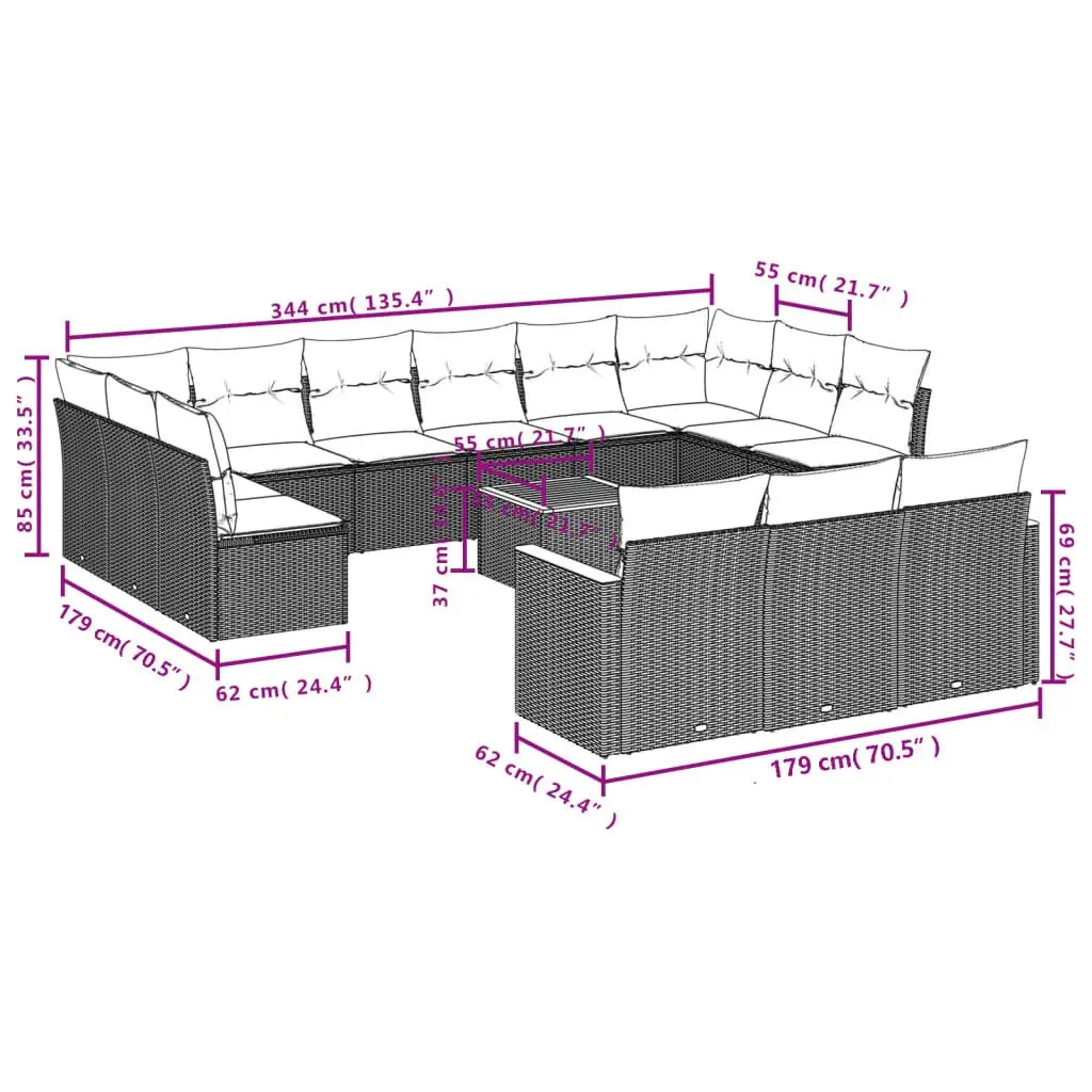 Garden Sofa Set 14 Piece Outdoor Furniture Grey Modular Patio Sectional with Cushions