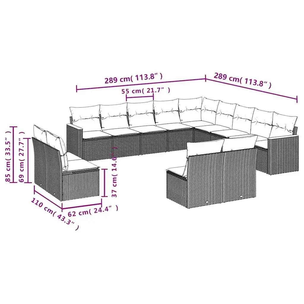 Garden Sofa Set 13 Piece Outdoor Furniture Black Poly Rattan Modular Patio