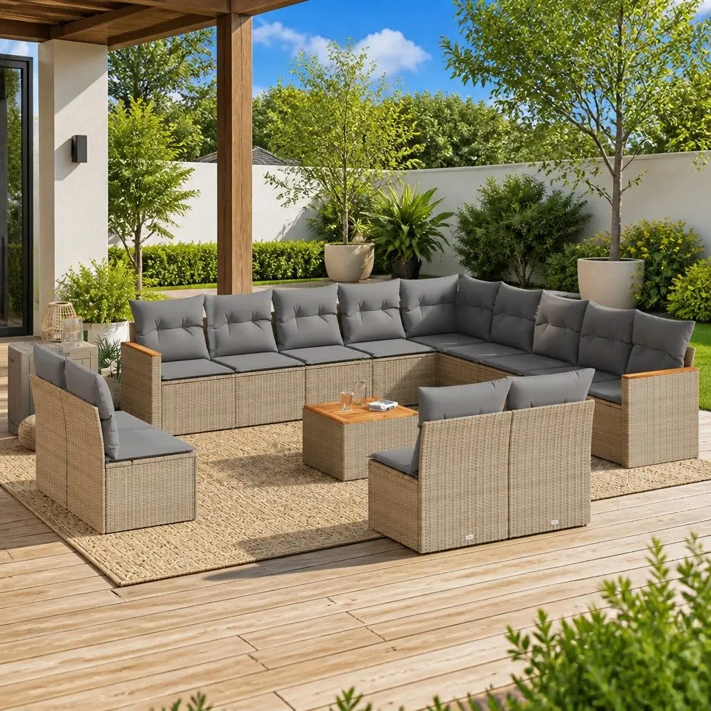 Garden Sofa Set 14 Piece Outdoor Furniture Modular Patio Sectional with Cushions Beige