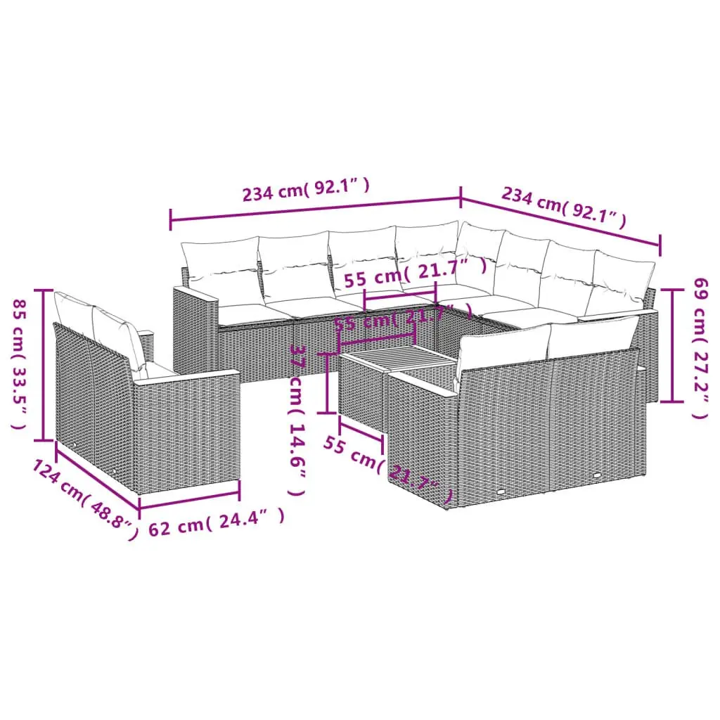 Garden Sofa Set 12 Piece Outdoor Furniture Modular Grey PE Rattan