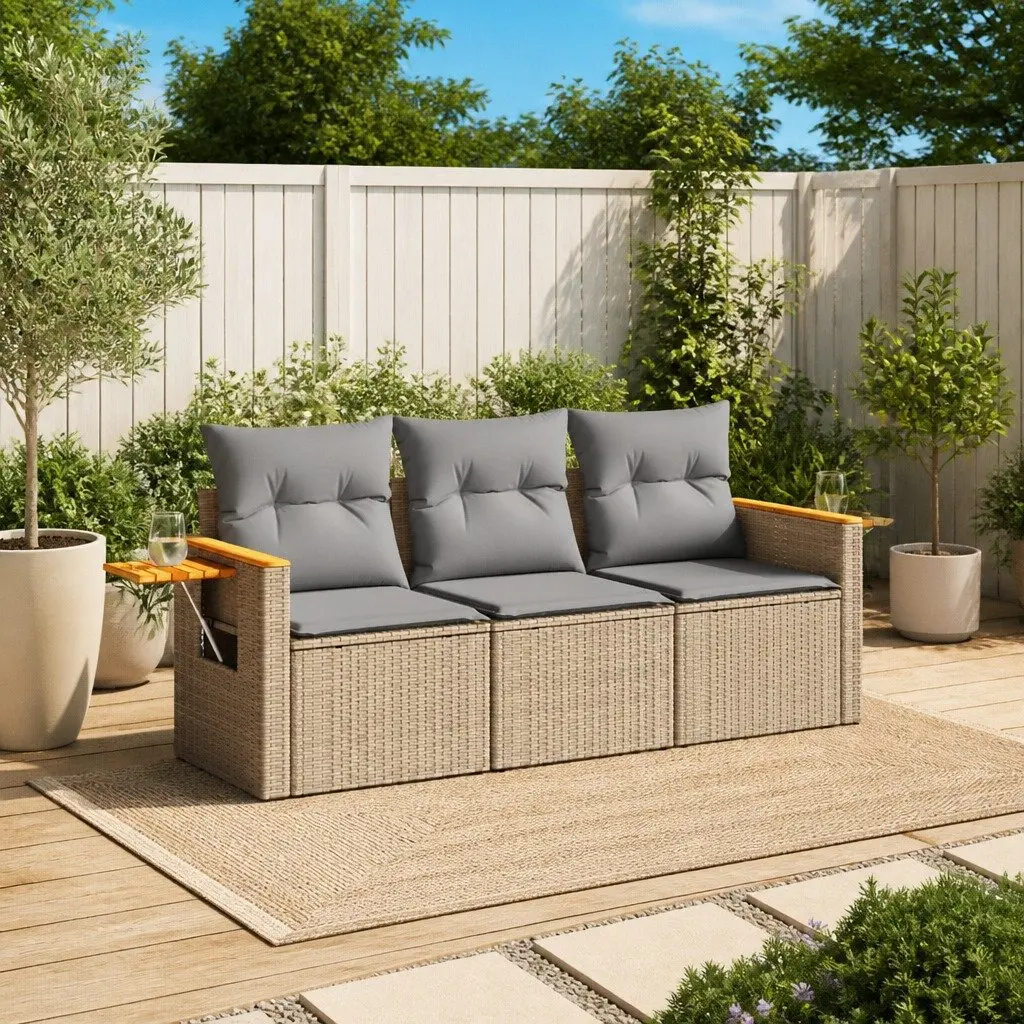 3 Piece Garden Sofa Set Outdoor Furniture Patio Modular Beige Poly Rattan Cushions