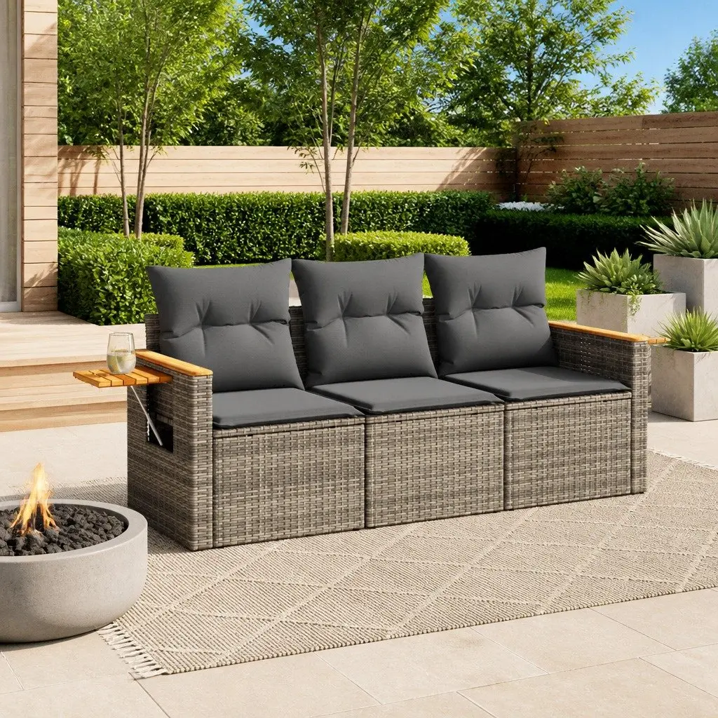 3 Piece Garden Sofa Set Grey Poly Rattan Outdoor Furniture with Cushions